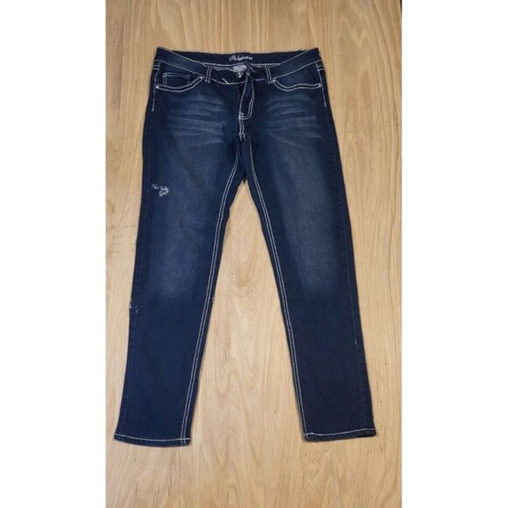 Polyjeans Women's Low Rise Skinny Jeans, Bedazzled Pockets, Blue Size 15